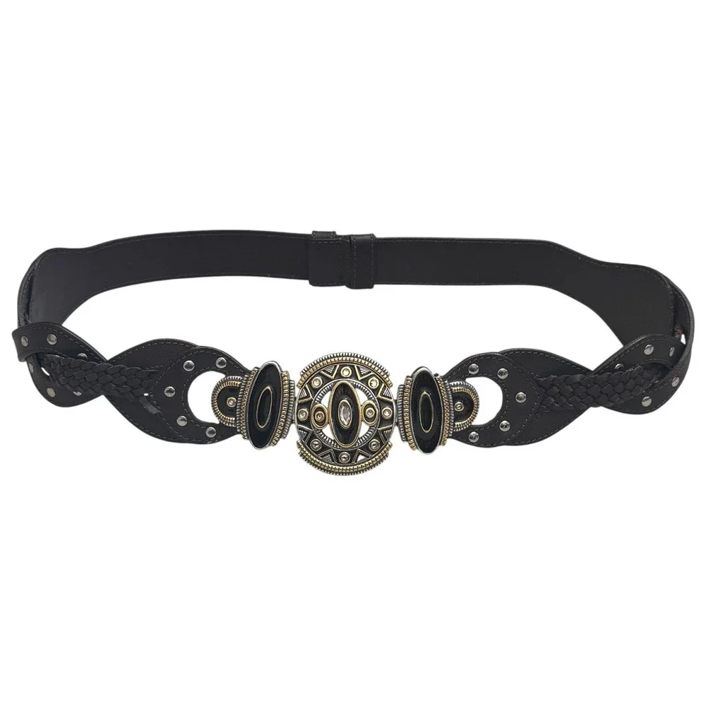 Chico's Genuine Leather Belt Silver And Gold Ornate Buckle Rodeo‎ Boho Luxury